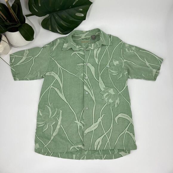 Tori Richards Vintage Hawaiian Print  Aloha Shirt Green/Cream Floral Large - Picture 1 of 5